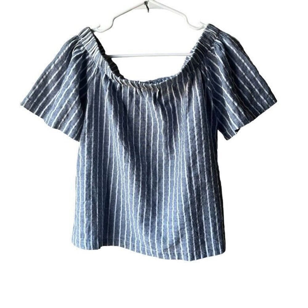 Smell The Roses Off the Shoulder Striped Blouse S Gray White Short Sleeve Women